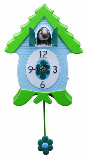 The North Coast Imports - EweCoo Clock (Sheep) - 10101 features a green roof, white face with black numbers, flower-shaped pendulum, and a sheep figure that pops out above the clock—crafted by North Coast Imports.