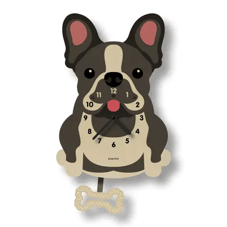 The Popclox Clock - French Bulldog Pendulum Clock (PCPEN147) by Popclox is a charming wooden wall clock with a cartoon pup, bone accent, numbered face, and a wagging tail pendulum—an ideal gift for dog lovers.