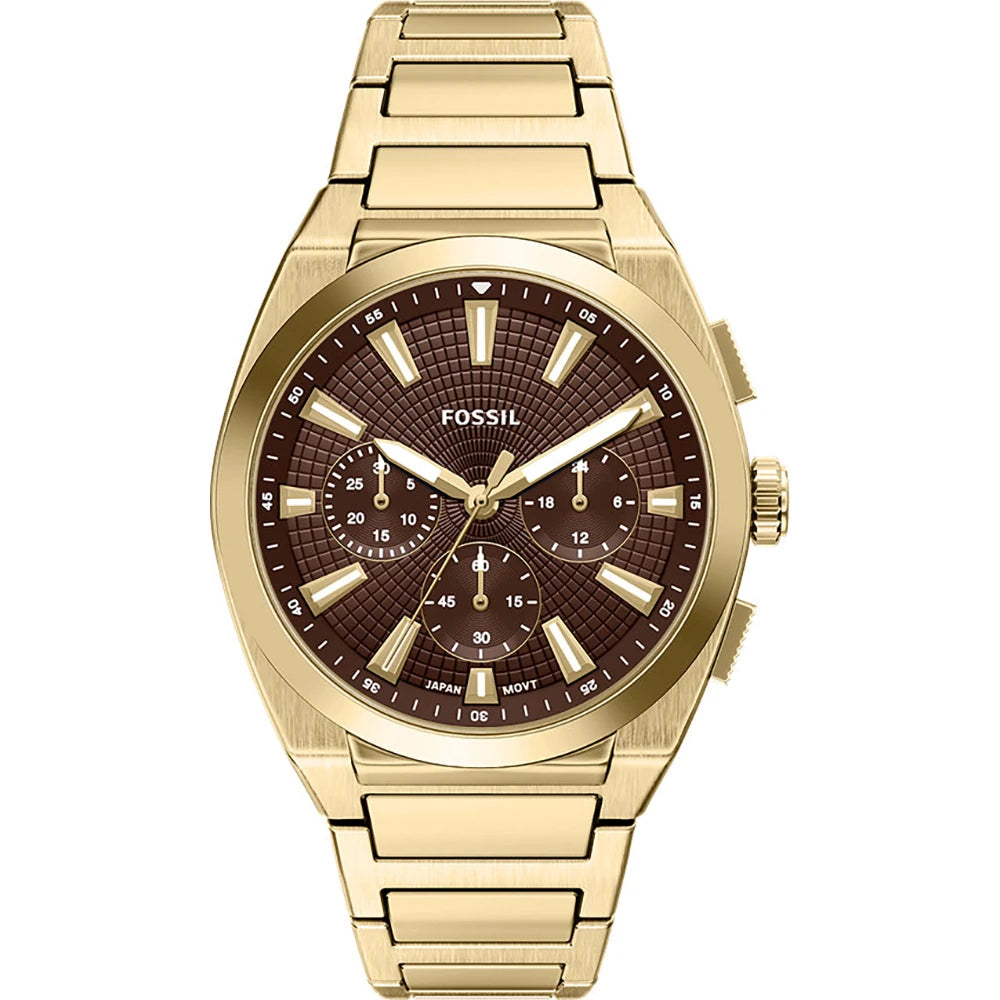 The Fossil Watch - Everett Chronograph (FS6184) by Fossil features a gold stainless steel bracelet, a brown textured dial with three subdials, gold hour markers, and a date window positioned between 4 and 5 o’clock.
