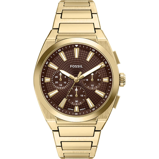 The Fossil Watch - Everett Chronograph (FS6184) by Fossil features a gold stainless steel bracelet, a brown textured dial with three subdials, gold hour markers, and a date window positioned between 4 and 5 o’clock.