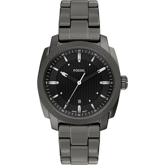 A Fossil Machine men’s watch (FS6185) in black stainless steel, featuring a round black dial with silver hour markers, a date display at 6 o’clock, a textured bezel, and a sleek metal link band for a sophisticated look.