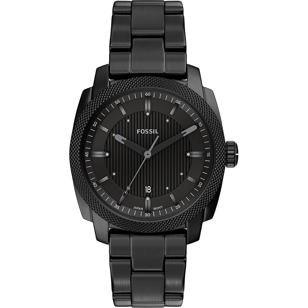 The Fossil Watch - Machine - FS6186 by Fossil features a black stainless steel band, a textured bezel, minimalist hour markers, and a date display at the 6 o’clock position, elegantly showcased against a white background.