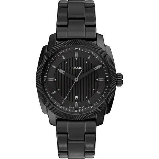 The Fossil Watch - Machine - FS6186 by Fossil features a black stainless steel band, a textured bezel, minimalist hour markers, and a date display at the 6 o’clock position, elegantly showcased against a white background.