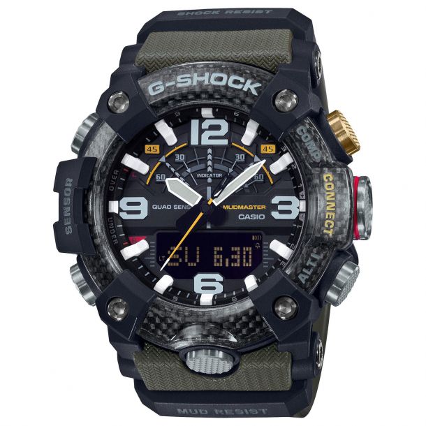 The Casio G-Shock Watch - Mudmaster GGB100-1A3 by VLC Distribution Co. features a black and green shock resistant carbon fiber case, digital/analog display, multiple buttons and sensors, and labels like Sensor, Mud Resist, and G-Shock.
