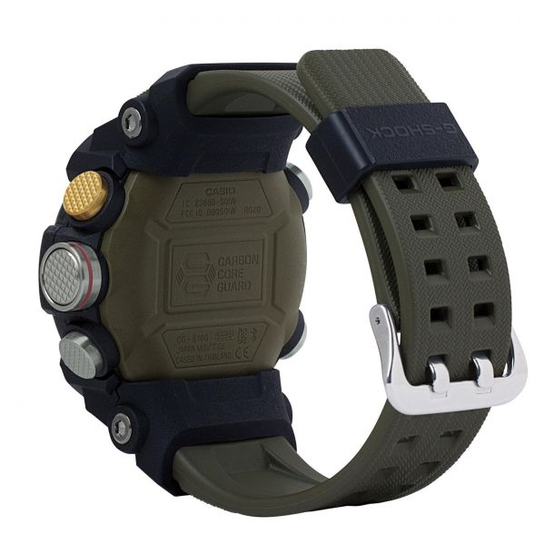 Back view of the Casio G-Shock Watch Mudmaster GGB100-1A3 by VLC Distribution Co. features an olive green textured band, black and green case, metal buckle, and gold/silver textured control buttons on the left side.
