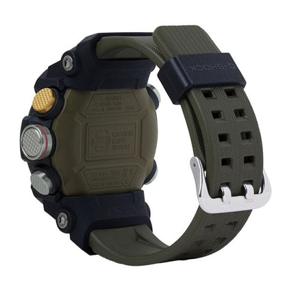 Back view of the Casio G-Shock Watch Mudmaster GGB100-1A3 by VLC Distribution Co. features an olive green textured band, black and green case, metal buckle, and gold/silver textured control buttons on the left side.