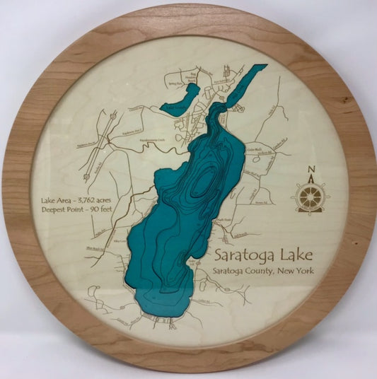The Lake Art Lake Gift - Saratoga Lake Multi Depth Lazy Susan displays Saratoga Lake in Saratoga County, NY, with contour lines, labels, a compass rose, area (3,762 acres), and depth (90 ft)—a unique round wooden piece.
