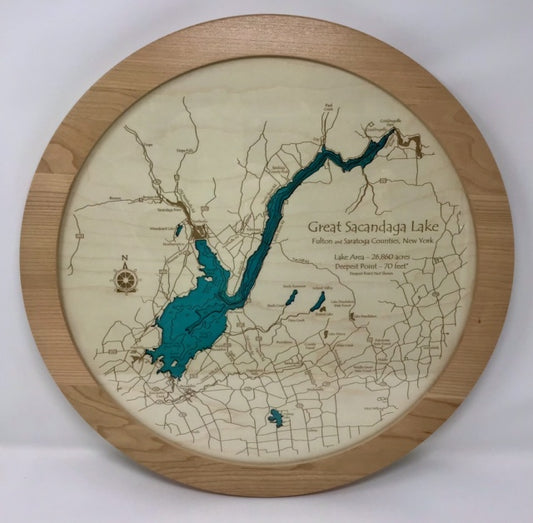 The Lake Art Lake Gift - Great Sacandaga Lake Multi Depth Lazy Susan features a round wooden frame with lake area and depth details engraved on light wood, highlighted in blue—a perfect gift for fans of Fulton and Saratoga Counties, NY.