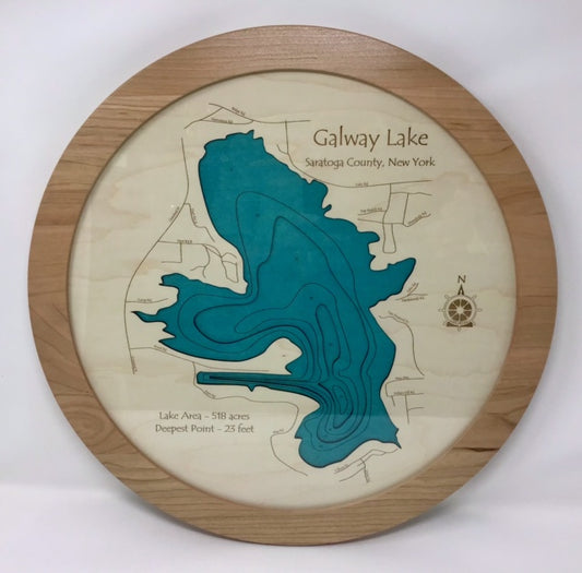 The Lake Art Lake Gift - Galway Lake - Multi Depth Lazy Susan is a round wooden piece showcasing Galway Lake, NY, with blue water, contour lines, roads, 518 acres area and 23 ft depth—an ideal gift for lake lovers.