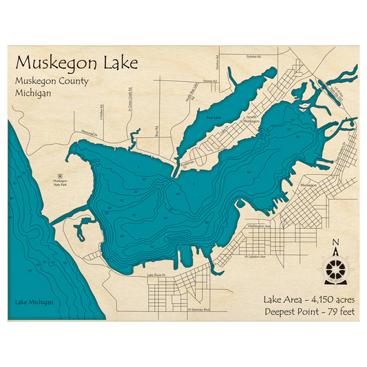 Lake Art’s 14" x 18" laser-carved wooden relief map of Muskegon Lake, Michigan, features the lake’s outline, depth contours (up to 79 ft), streets, its connection to Lake Michigan, and details its 4,150-acre area. With protective glass.