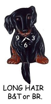 The Pink Cloud Dachshund - Black & Tan Long Haired Dox Wagging Tail Clock features clock hands on its chest and "LONG HAIR B&T or BR." below, capturing a charming dox design for animal lovers.