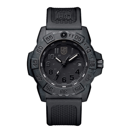 A black Luminox Navy SEAL Diver's Watch with a carbonoxyde case, mineral glass cover, and a silicone strap.