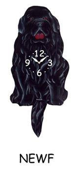 The Pink Cloud Newfoundland - Wagging Tail Clock is shaped like a black Newfoundland dog, with a clock face on its body and "NEWF" below—perfect as a unique pet lover gift or decorative dog-themed clock.
