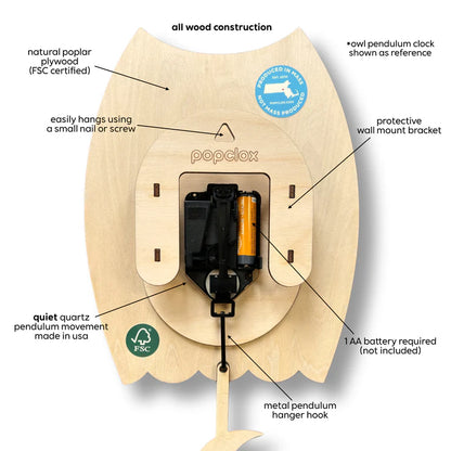 Back view of the Popclox Owl Pendulum Clock (PCPEN026) by Popclox, showing labeled battery compartment, metal pendulum hanger hook, wall mount bracket, poplar plywood construction, and mounting/battery instructions.
