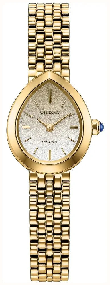 A gold-tone stainless steel Citizen Watch - Ladies’ Citizen L Rainell (EX1552-59A) wristwatch featuring a teardrop-shaped case, textured light dial without numerals, and a gold link bracelet. The crown is accented with a small blue detail.