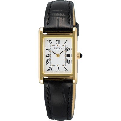 The Seiko Watch - Essentials Collection SWR108 features a rectangular gold case, white dial with black Roman numerals, thin black hands, black leather strap, and sapphire crystal for a timeless look.