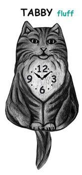 The Pink Cloud Cat - Tabby Fluff - Wagging Tail Cat Clock features a fluffy tabby cat with a clock on its belly displaying 12, 3, 6, and 9. "TABBY fluff" is above, and its cute tail hangs below as part of the clock design.