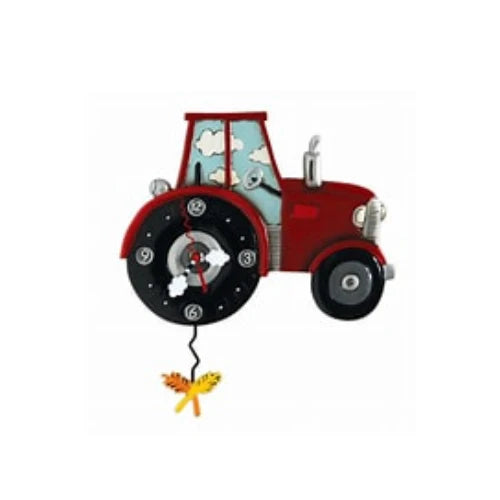 The Enesco Allen Designs Clock - Tractor Time Red (P1756) is a hand-painted pendulum wall clock shaped like a red tractor, with a black wheel clock face, yellow butterfly pendulum, and clouds drifting across a blue sky in the window.