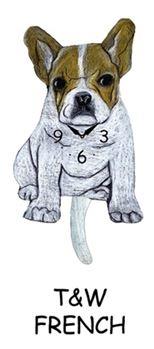 Pink Cloud’s French Bulldog - Tan & White - Wagging Tail Dog Clock features a clock face on its chest and a wagging tail pendulum. Below the dog, “T&W FRENCH” is written—an ideal gift for pet lovers.