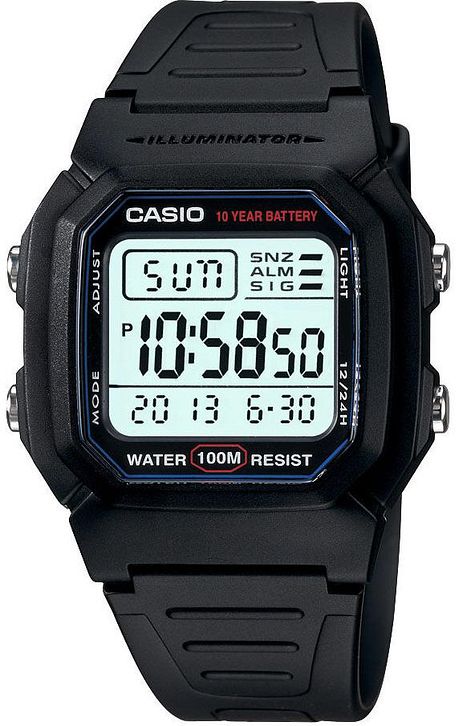 The VLC Distribution Co. Casio Watch - 10 Year Battery - W-800H-1AVCF shows 10:58:50 and Sunday 6-30-2013, with alarm, stopwatch, water resistance to 100m, and a long-lasting battery.