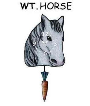 The Pink Cloud Horse - White - Wagging Tail Clock is a handmade horse-shaped wall clock with a wagging tail and numbers on its face. "WT. HORSE" appears above the clock, adding charm to any room.