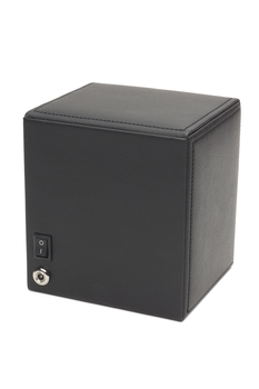 A black, square-shaped Wolf - Watch Winder - 455203 by Wolf, with a pebble finish, power switch, and key lock on the front lower left corner. Set against a plain white background—perfect for winding your watch.