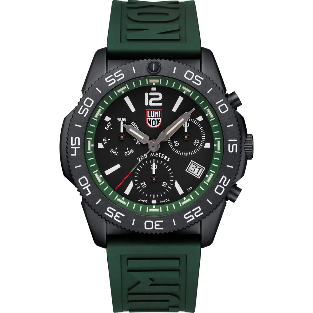 The Luminox Pacific Diver Chronograph XS.3147 is a Swiss-made black and green diver watch with a green rubber strap, black bezel, three chronograph subdials, date window, white hour markers, and 200m water resistance.