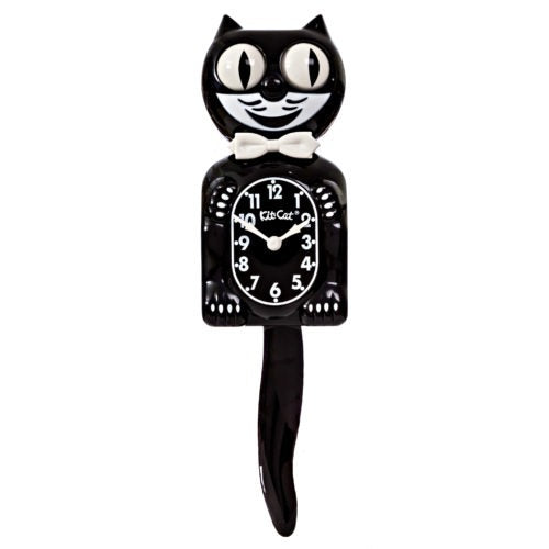 The Kit-Cat Klock - Classic Black Gentleman (BC-1) by California Clocks features a white bow tie, large cartoon eyes, wide smile, belly clock face, and swinging tail pendulum. Made in America.